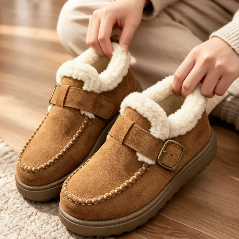 A pair of tan suede-like winter slipper shoes with white sherpa lining, being put on by a person. The shoes feature a strap with a metal buckle and decorative bead detailing around the toe.