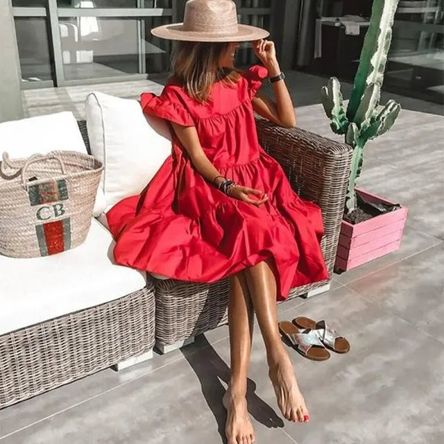 Red flowy ruffle midi dress with back yoke and tiered skirt, cap puff sleeves