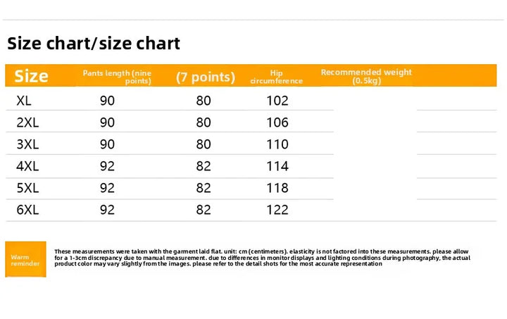 Plus-size pants measurement chart with sizes XL to 6XL