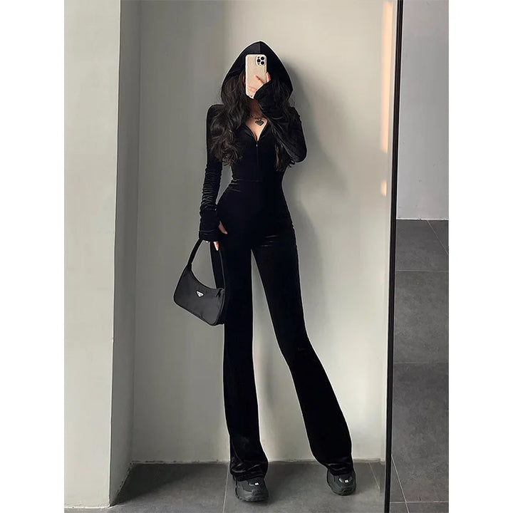 Black Velvet Slim Fit Hooded Zipper Jumpsuits