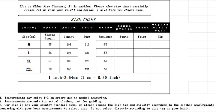Clothing size chart with measurements in centimeters and inches