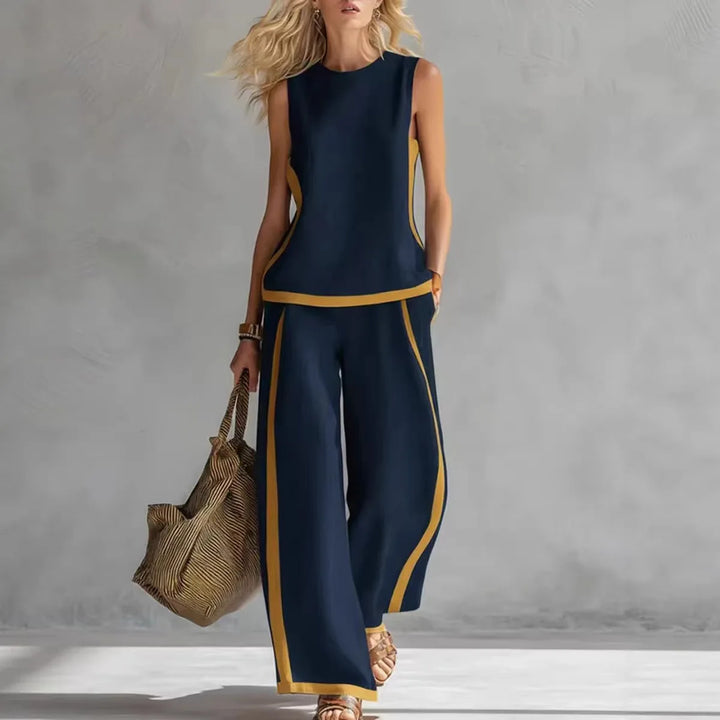 Navy sleeveless tank and wide-leg pants set with contrast yellow trim.