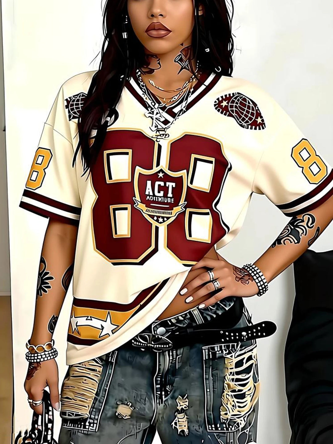 Urban Street Hip Number Printed Graphics Short Sleeve V-Neck Plus Size Women's Jerseys