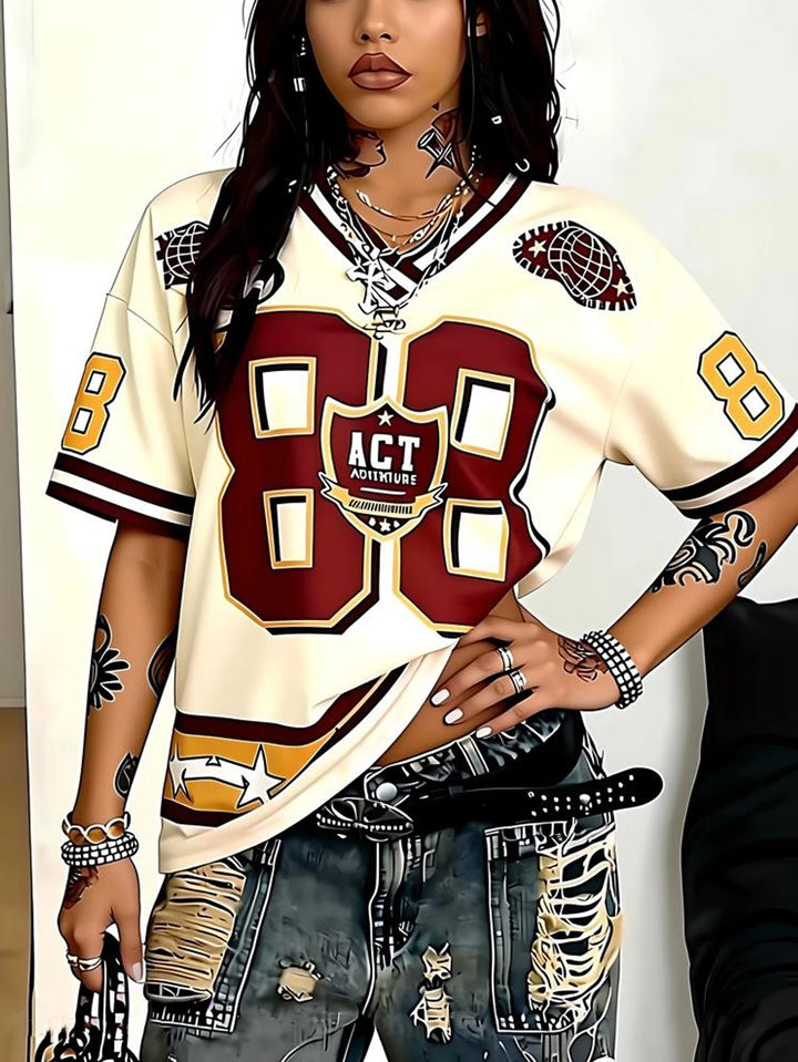 Urban Street Hip Number Printed Graphics Short Sleeve V-Neck Plus Size Women's Jerseys