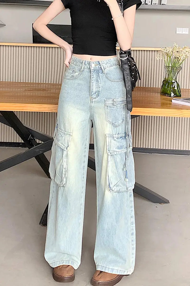 Button Fly Big Pockets High Waist Plus Size Cargo Jeans