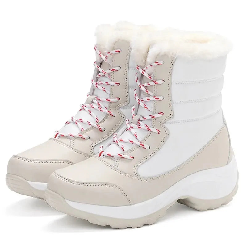 Women's lace-up winter snow boots, white and beige with red lace accents, plush trim