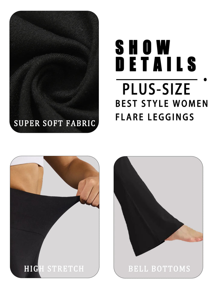 Advertisement for plus-size women's flared leggings with fabric texture, high stretch, and bell-bottom details.