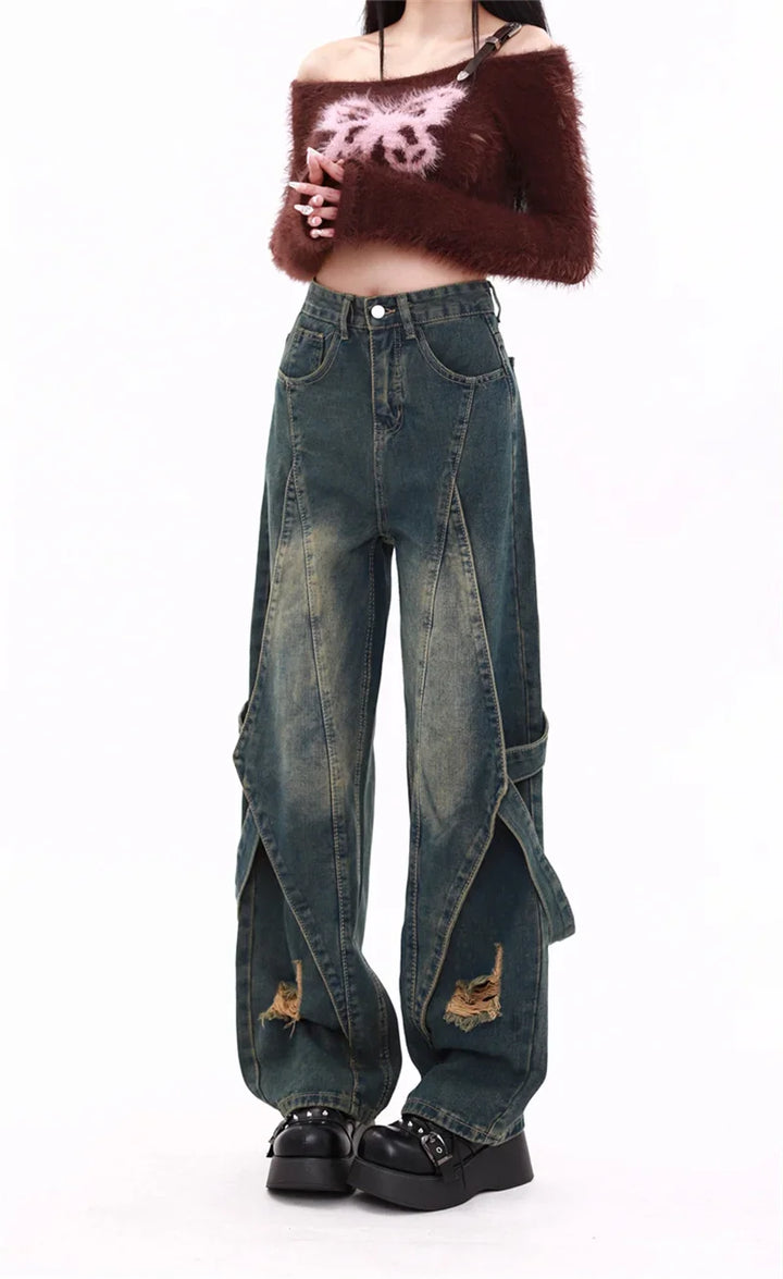 Washed Denim Ripped Baggy Cargo Low-waist Jeans