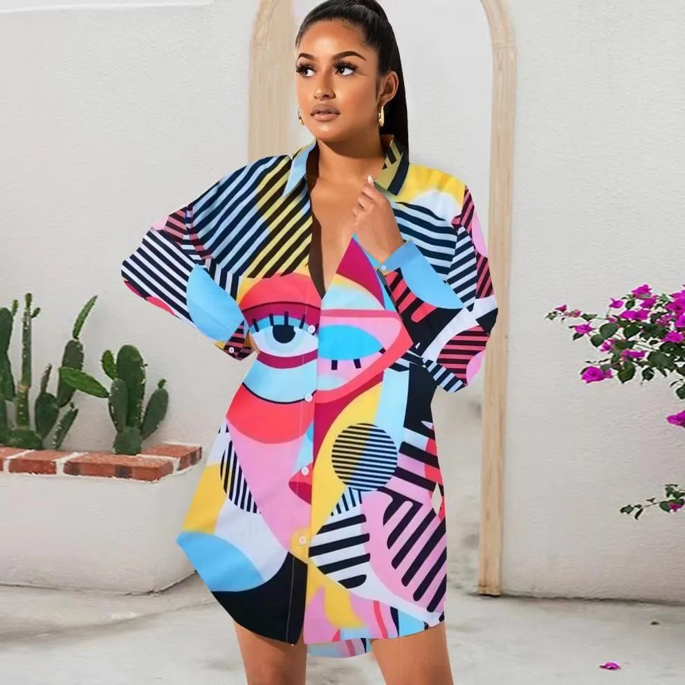 Vintage Y2K Art Print Button-Up Long Sleeve Loose Women's Shirt Dress