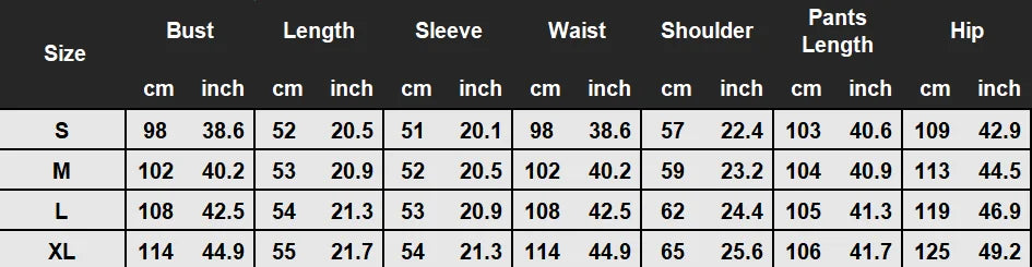 Table displaying clothing measurements for different sizes with columns for Bust, Length, Sleeve, Waist, Shoulder, Pants Length, and Hip.
