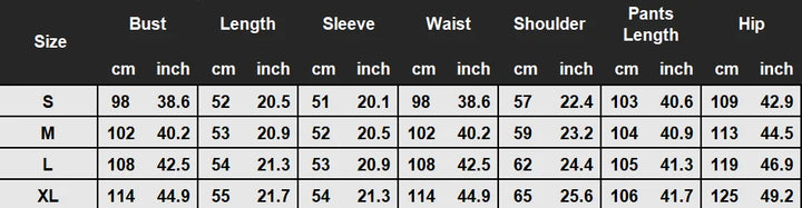 Table displaying clothing measurements for different sizes with columns for Bust, Length, Sleeve, Waist, Shoulder, Pants Length, and Hip.
