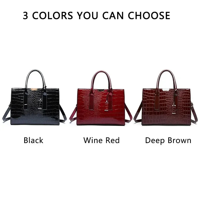 Crocodile-pattern leather tote handbag shown in black, wine red, and deep brown.