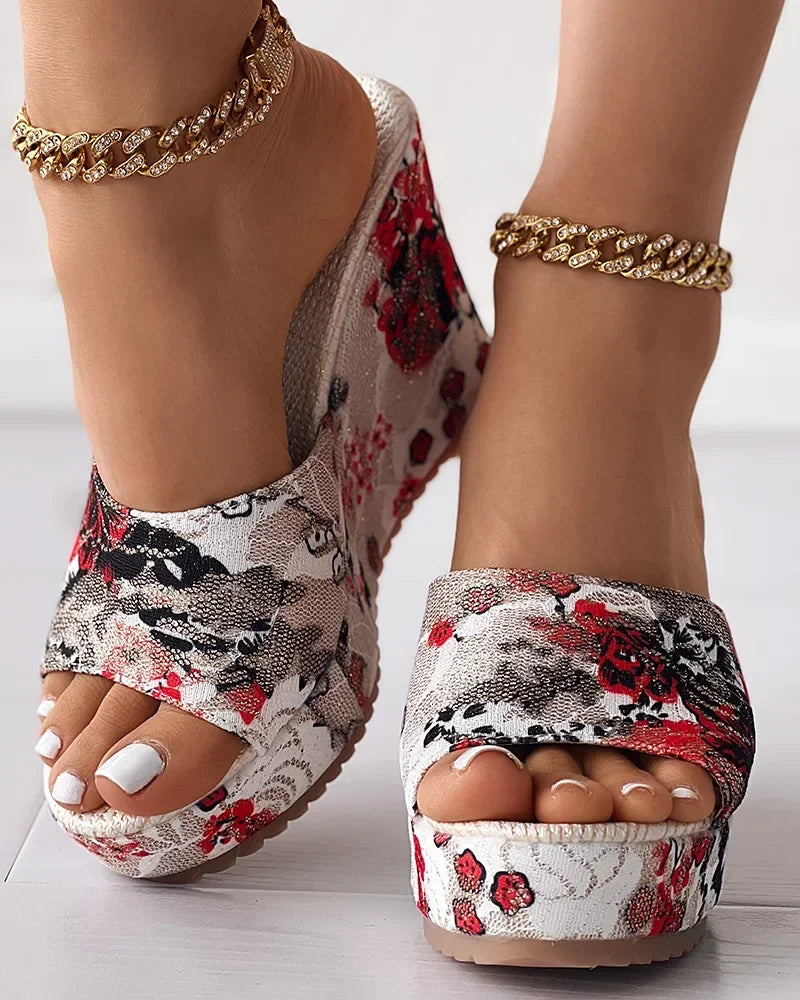 Boho Chic Flower Child Print Comfy Peep Toe Wedge Sandals