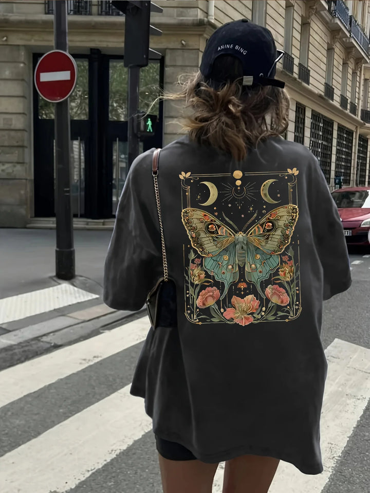 Back view: black cotton tee with butterfly moon flower panel print