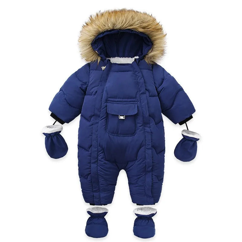 Warm Thick Wool Fur Hood Snow Proof Fleece Down Snowsuits