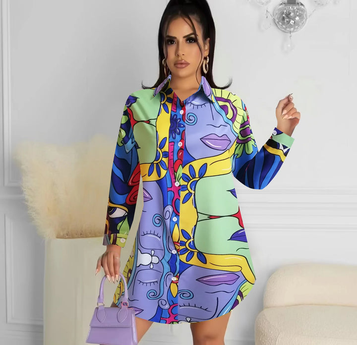 Woman wearing a colorful patterned dress holding a purple handbag indoors.