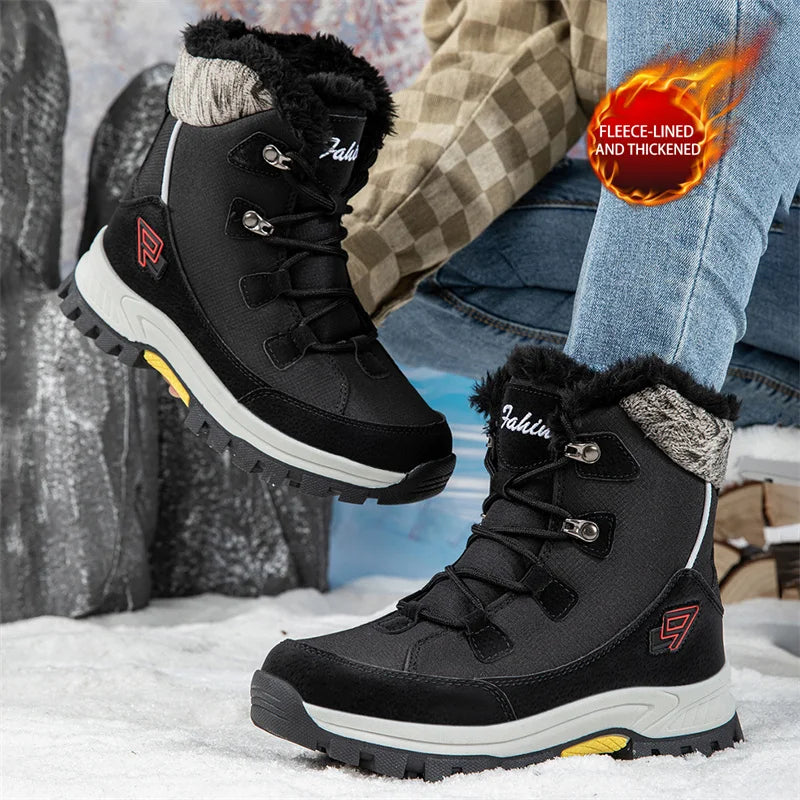 Black lace-up waterproof platform ski boots with thick faux-fur collar and tread