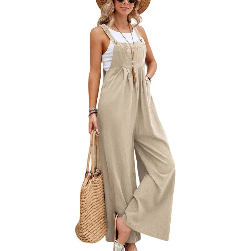 Beige sleeveless wide-leg jumpsuit with square neckline and adjustable straps