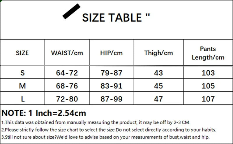 Pants size chart table with waist, hip, thigh, and length measurements