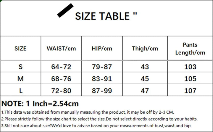 Pants size chart table with waist, hip, thigh, and length measurements