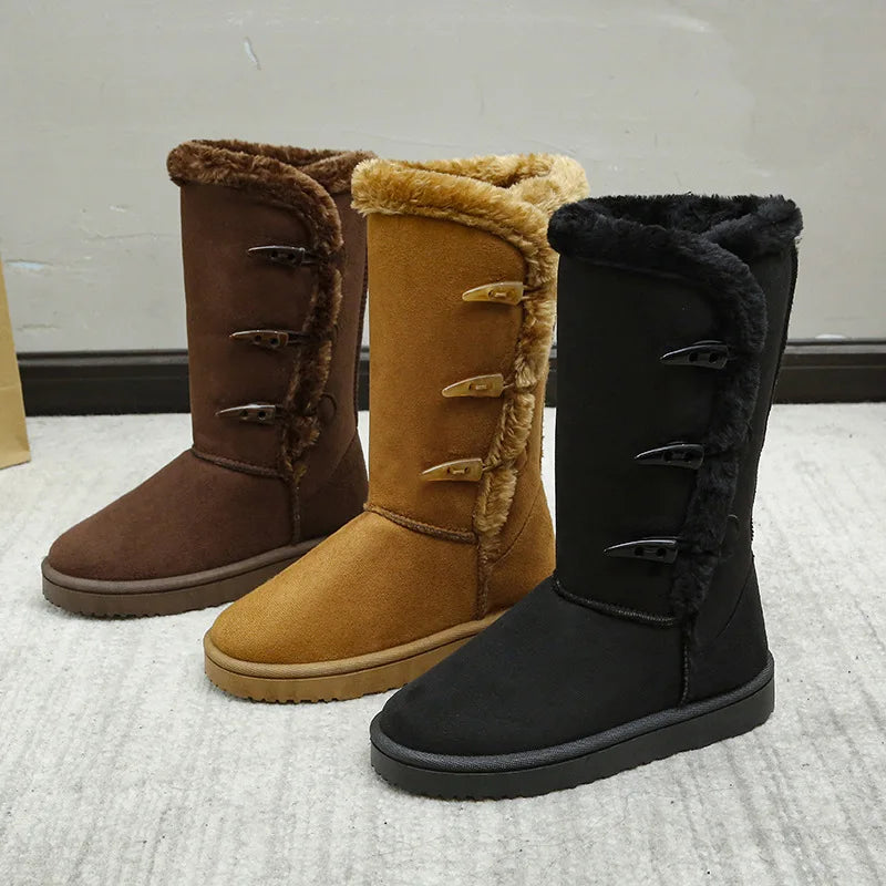 Winter Warm Fur Suede Velvet Buckle Mid-Calf Snow Boots - Flossy Mom