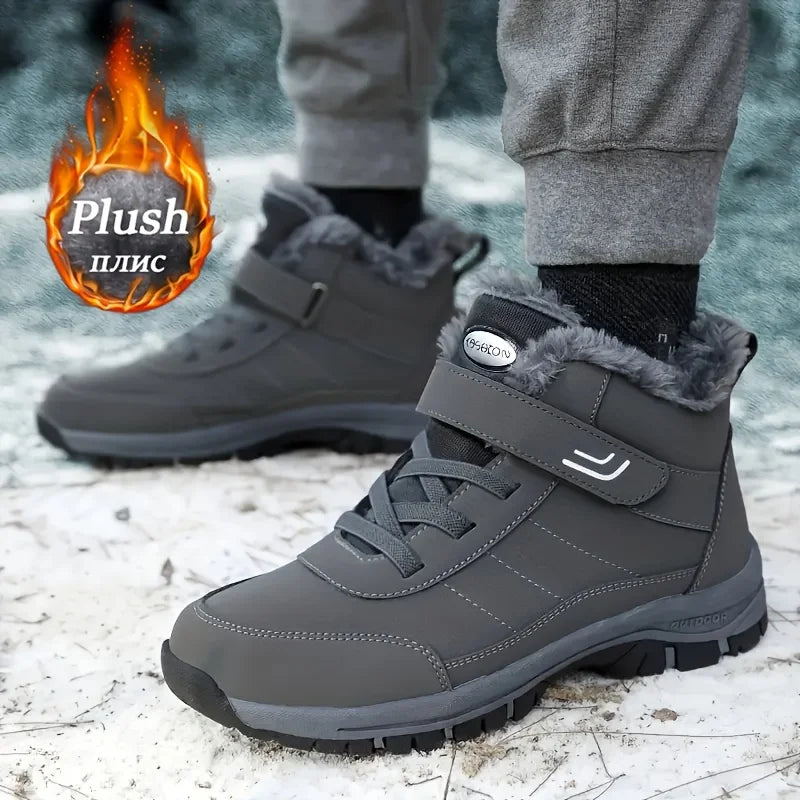 Gray winter snow boots with plush lining and hook-and-loop strap, rugged traction sole