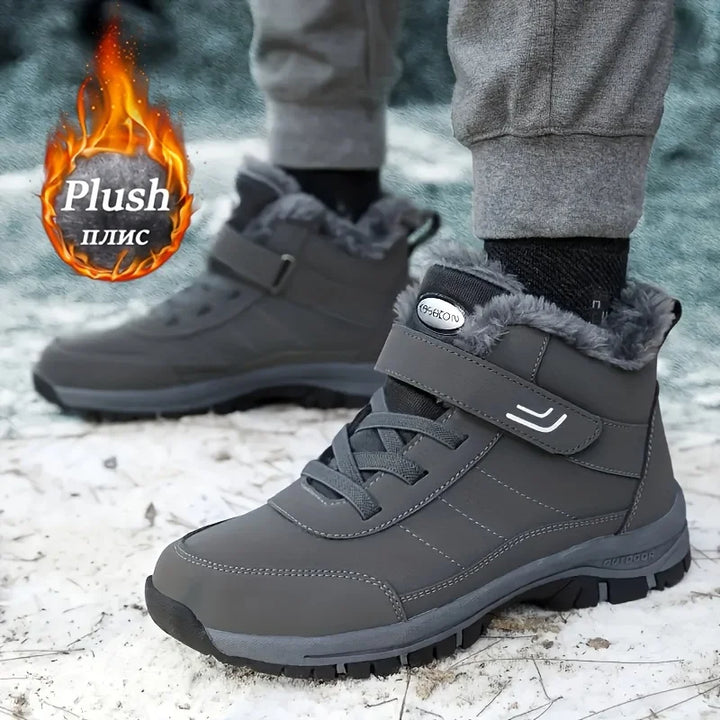 Gray winter snow boots with plush lining and hook-and-loop strap, rugged traction sole