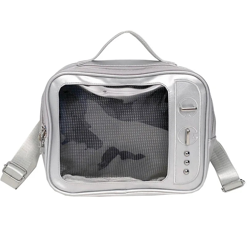 Silver transparent mesh crossbody bag with zipper and adjustable shoulder straps