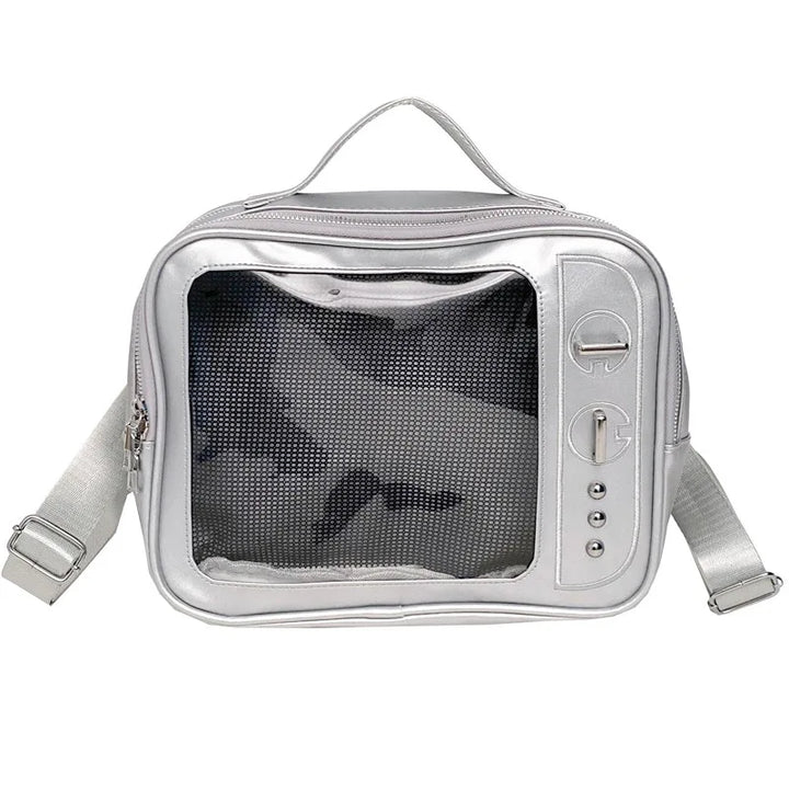 Silver transparent mesh crossbody bag with zipper and adjustable shoulder straps