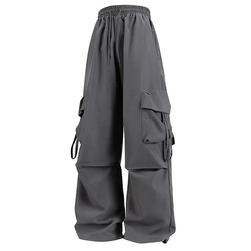 Women cargo pants in dark gray, drawstring waist and side flap pockets