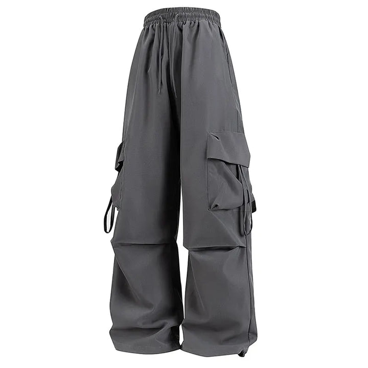 Women cargo pants in dark gray, drawstring waist and side flap pockets