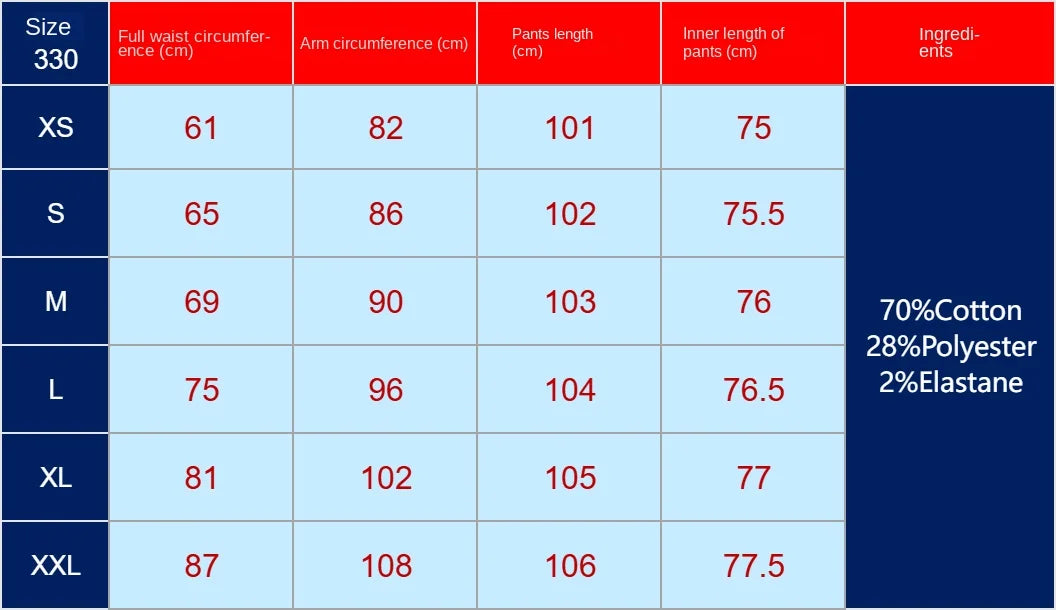 Size chart with measurements and ingredients for pants