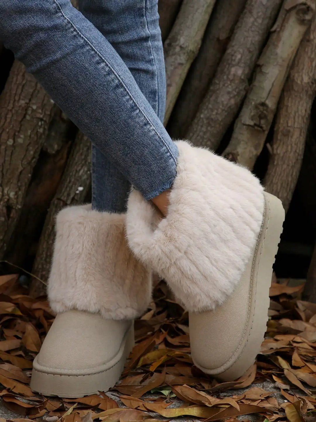 A person wearing beige platform slipper boots with fluffy cream faux-fur trim, standing outdoors on dry leaves in front of a pile of logs.