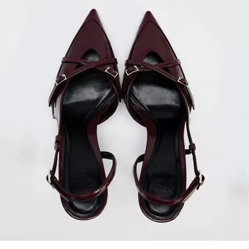 Women’s wine red pointed-toe slingback heels with open cross straps and slim stiletto