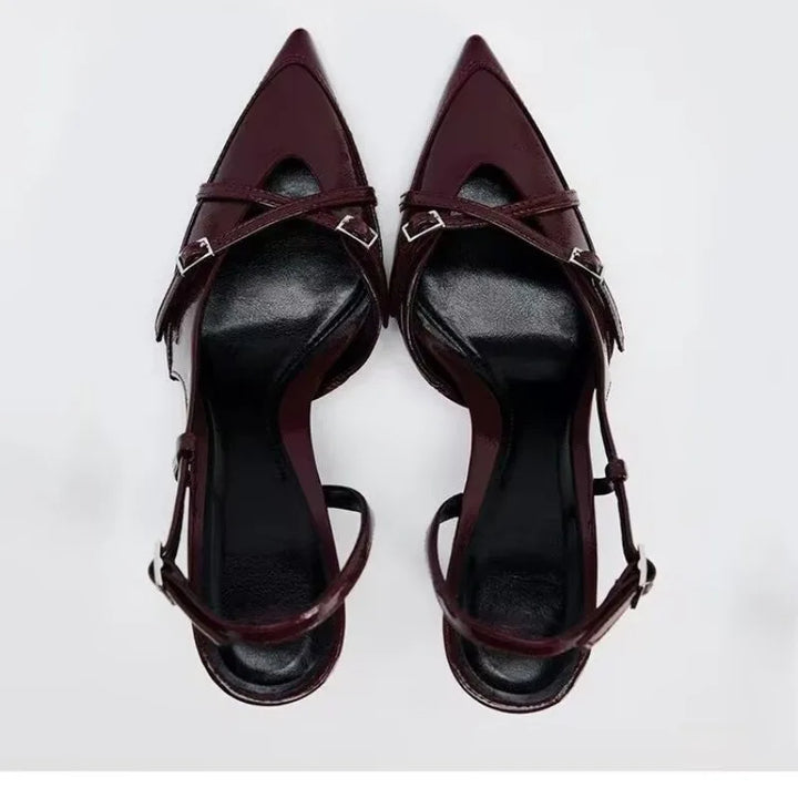 Women’s wine red pointed-toe slingback heels with open cross straps and slim stiletto