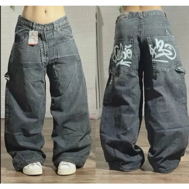 Washed Denim Baggy Button-fly Cargo Low Waist Jeans