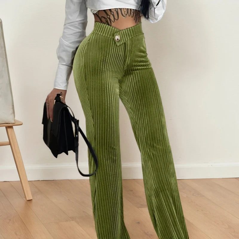 Ribbed velvet flare palazzo pants, high-waist elastic, vertical stripes, olive green