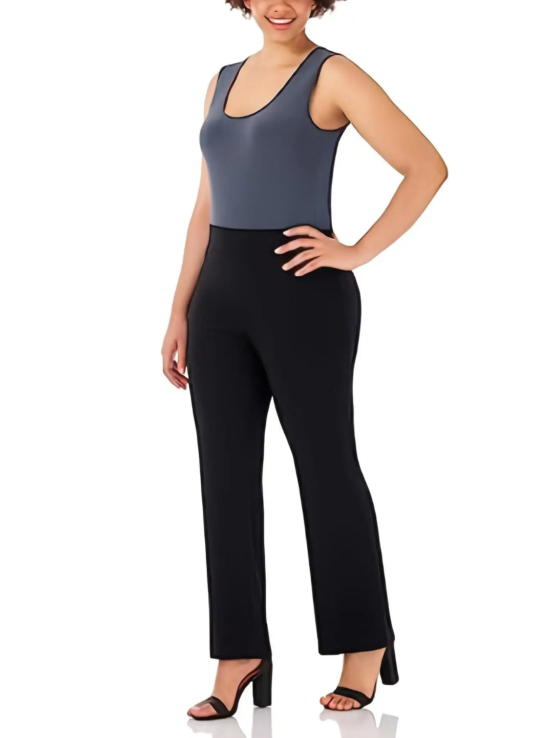 High-rise ankle-crop pull-on pants in dark black, wide-leg front view with tapered hem