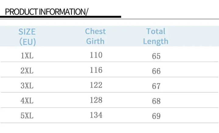 Product size chart with chest girth and total length for different sizes.