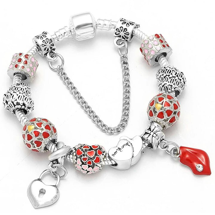 Silberfarbenes Charm-Armband mit roten Herzperlen und Fußkettchen-Charms, Herz-Anhänger