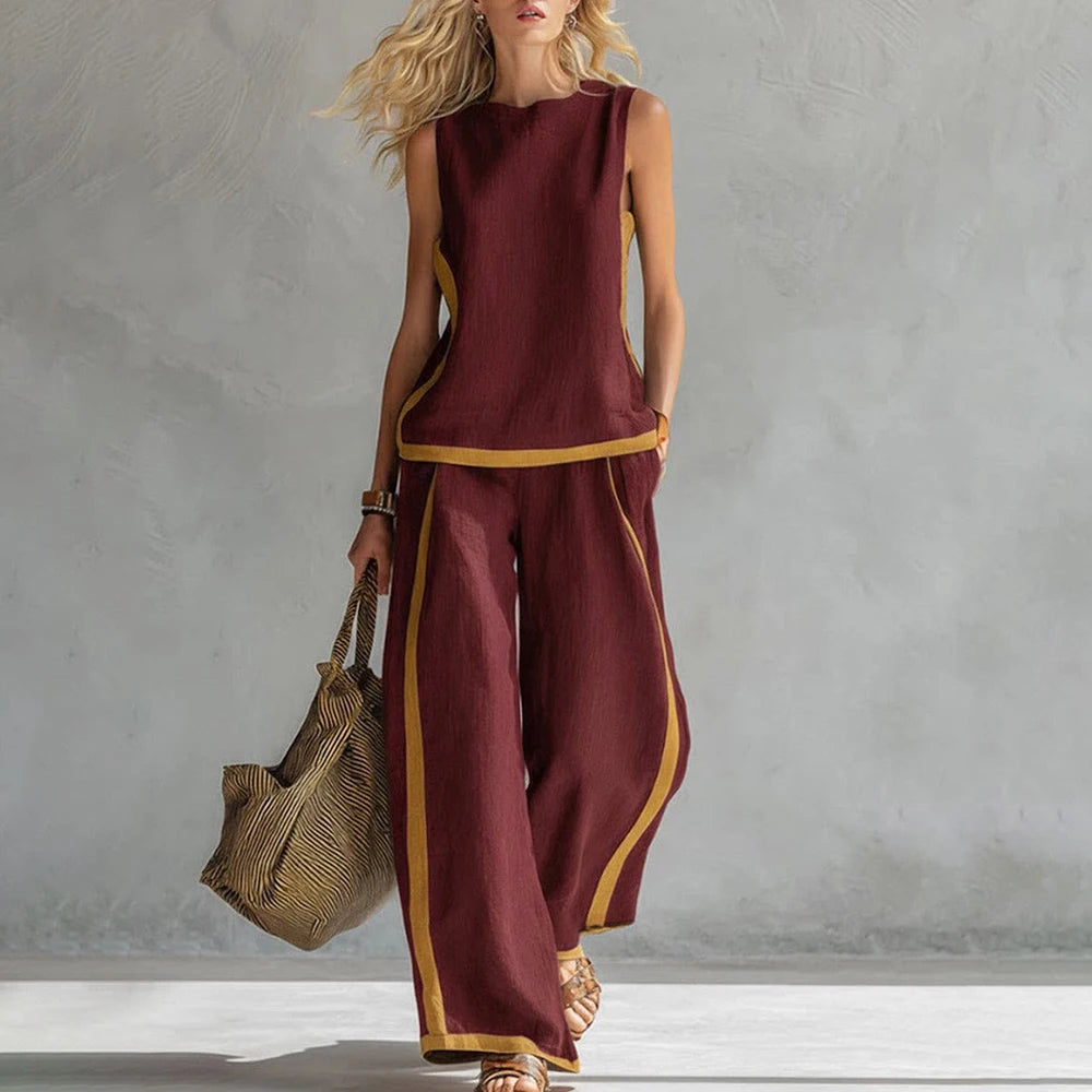 Burgundy sleeveless tank and wide-leg pants set with contrast yellow trim.