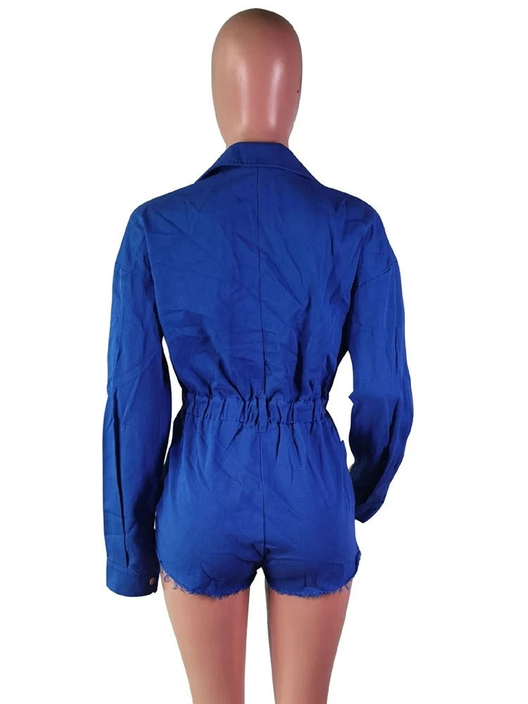 Coquettish Long Sleeve Single Breasted Cargo Denim Rompers