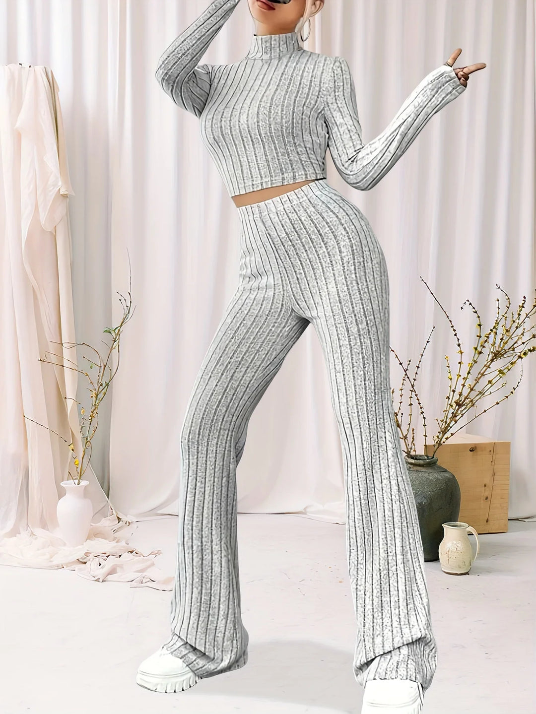 Warm Knitted Long Sleeve Turtleneck Top & Pants Set - Flossy Mom