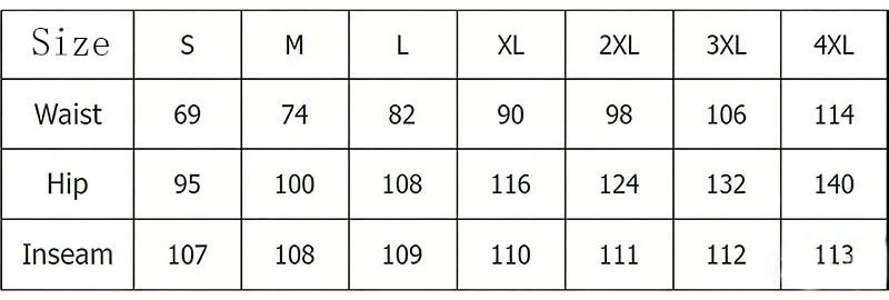 Jeans size chart showing waist, hip, and inseam measurements for S to 4XL