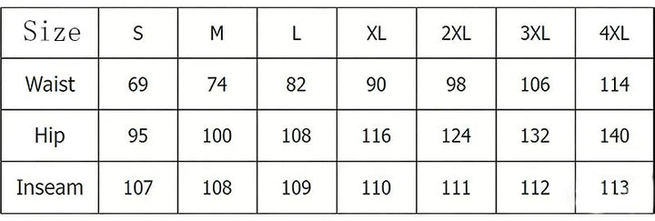 Jeans size chart showing waist, hip, and inseam measurements for S to 4XL