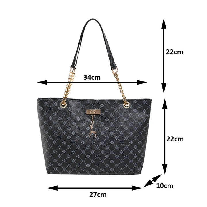 Women’s leather tote size diagram: 34cm wide, 27cm long, 22cm tall, 10cm base.