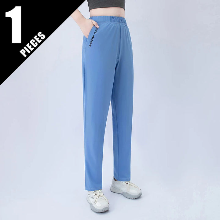 Wide-leg pocket pants with elastic waistband, light blue, full length
