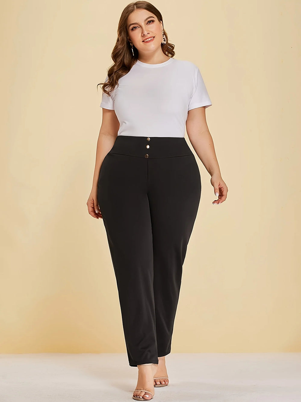 Elastic High Waist Button Fly Plus Size Office Pants - Flossy Mom