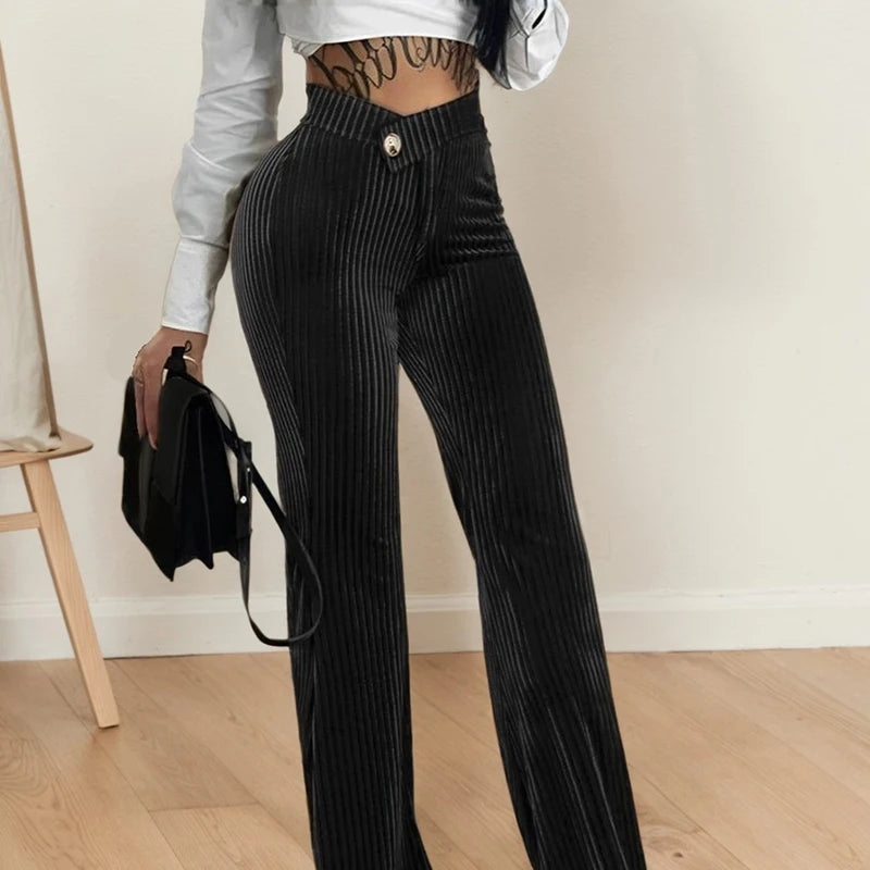 Ribbed velvet flare palazzo pants, high-waist elastic, vertical stripes, black