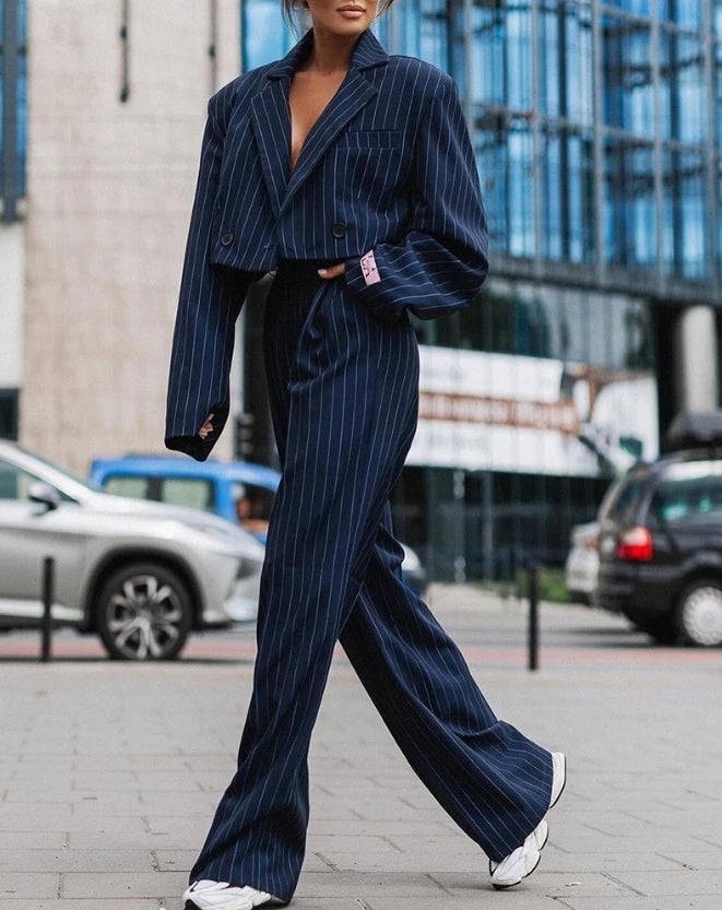 Office Ladies Work Casual Striped Long Sleeve Blazer & Straight Leg Pants Suits